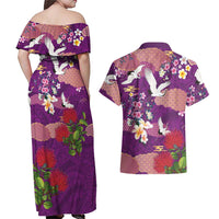 Hawaiian and Japanese Culture Together Couples Matching Off Shoulder Maxi Dress and Hawaiian Shirt Purple Ohia Lehua Plumeria and Sakura Blooming - Polynesian Pride