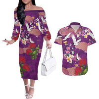 Hawaiian and Japanese Culture Together Couples Matching Off The Shoulder Long Sleeve Dress and Hawaiian Shirt Purple Ohia Lehua Plumeria and Sakura Blooming - Polynesian Pride