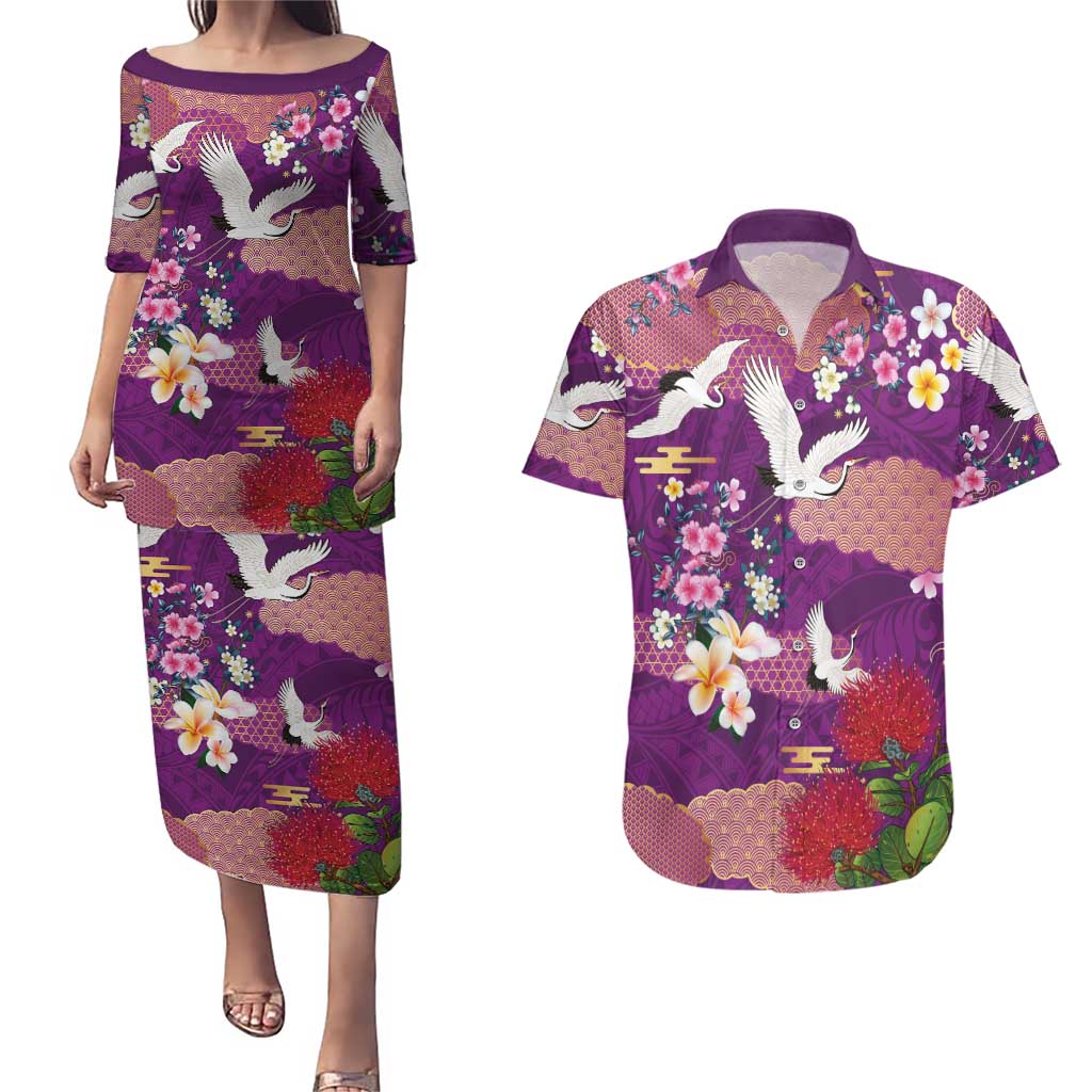 Hawaiian and Japanese Culture Together Couples Matching Puletasi and Hawaiian Shirt Purple Ohia Lehua Plumeria and Sakura Blooming - Polynesian Pride