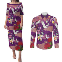 Hawaiian and Japanese Culture Together Couples Matching Puletasi and Long Sleeve Button Shirt Purple Ohia Lehua Plumeria and Sakura Blooming - Polynesian Pride