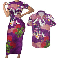 Hawaiian and Japanese Culture Together Couples Matching Short Sleeve Bodycon Dress and Hawaiian Shirt Purple Ohia Lehua Plumeria and Sakura Blooming - Polynesian Pride