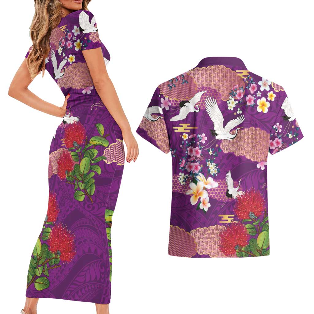 Hawaiian and Japanese Culture Together Couples Matching Short Sleeve Bodycon Dress and Hawaiian Shirt Purple Ohia Lehua Plumeria and Sakura Blooming - Polynesian Pride