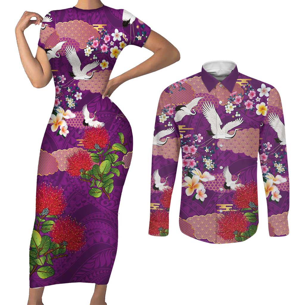 Hawaiian and Japanese Culture Together Couples Matching Short Sleeve Bodycon Dress and Long Sleeve Button Shirt Purple Ohia Lehua Plumeria and Sakura Blooming - Polynesian Pride