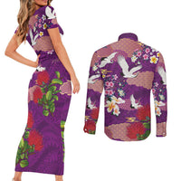 Hawaiian and Japanese Culture Together Couples Matching Short Sleeve Bodycon Dress and Long Sleeve Button Shirt Purple Ohia Lehua Plumeria and Sakura Blooming - Polynesian Pride