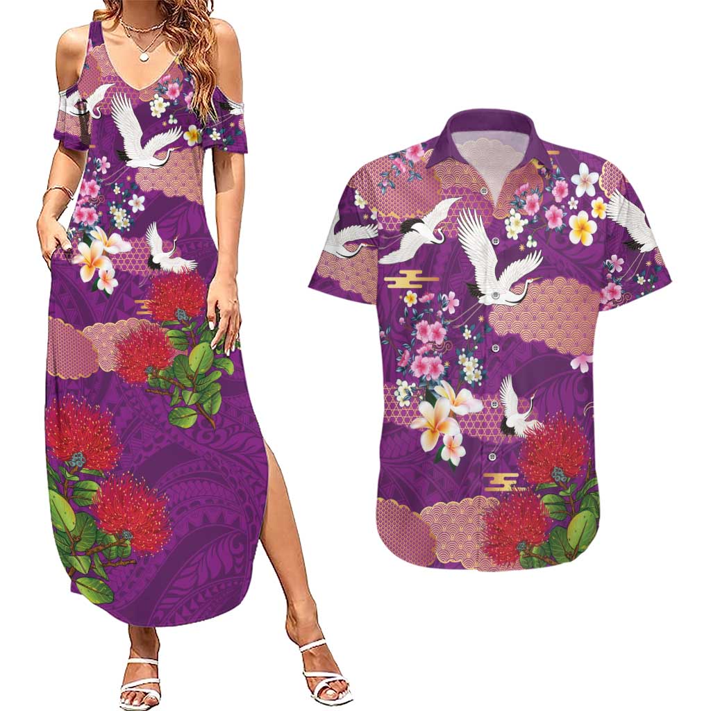 Hawaiian and Japanese Culture Together Couples Matching Summer Maxi Dress and Hawaiian Shirt Purple Ohia Lehua Plumeria and Sakura Blooming - Polynesian Pride