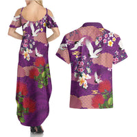 Hawaiian and Japanese Culture Together Couples Matching Summer Maxi Dress and Hawaiian Shirt Purple Ohia Lehua Plumeria and Sakura Blooming - Polynesian Pride