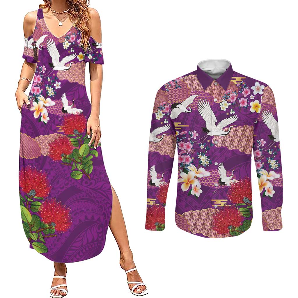 Hawaiian and Japanese Culture Together Couples Matching Summer Maxi Dress and Long Sleeve Button Shirt Purple Ohia Lehua Plumeria and Sakura Blooming - Polynesian Pride