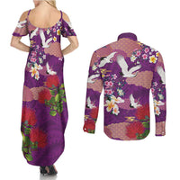 Hawaiian and Japanese Culture Together Couples Matching Summer Maxi Dress and Long Sleeve Button Shirt Purple Ohia Lehua Plumeria and Sakura Blooming - Polynesian Pride