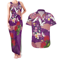Hawaiian and Japanese Culture Together Couples Matching Tank Maxi Dress and Hawaiian Shirt Purple Ohia Lehua Plumeria and Sakura Blooming LT03 Purple - Polynesian Pride