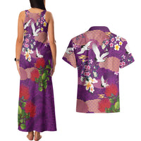 Hawaiian and Japanese Culture Together Couples Matching Tank Maxi Dress and Hawaiian Shirt Purple Ohia Lehua Plumeria and Sakura Blooming LT03 - Polynesian Pride
