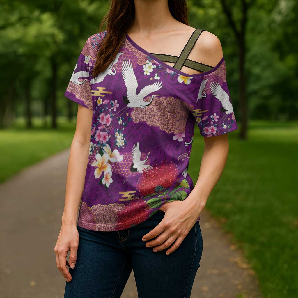 Hawaiian and Japanese Culture Together Cross Shoulder Shirt Purple Ohia Lehua Plumeria and Sakura Blooming - Polynesian Pride