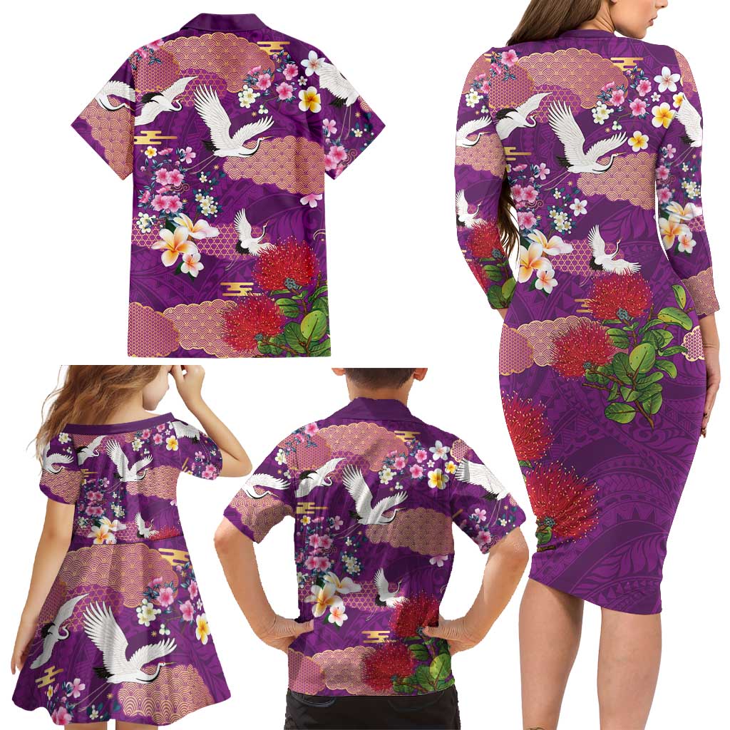 Hawaiian and Japanese Culture Together Family Matching Long Sleeve Bodycon Dress and Hawaiian Shirt Purple Ohia Lehua Plumeria and Sakura Blooming - Polynesian Pride