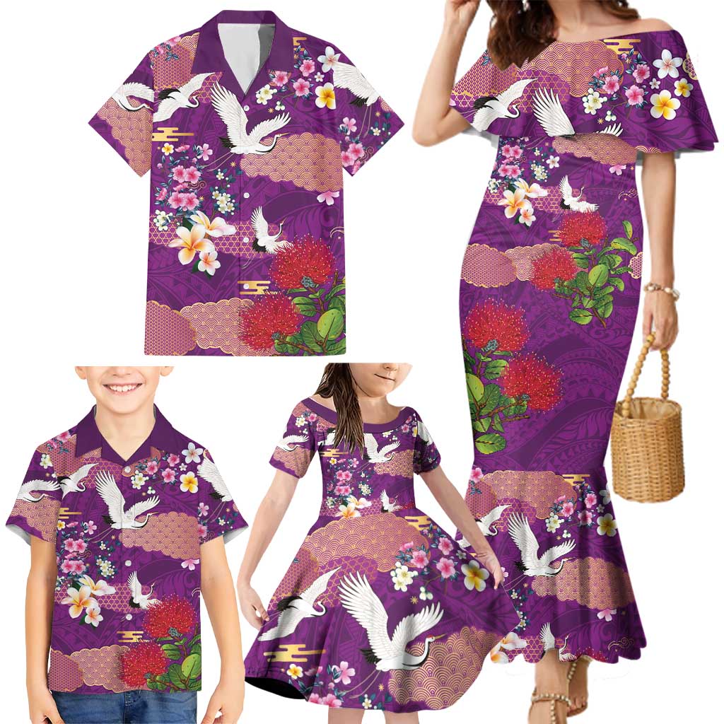 Hawaiian and Japanese Culture Together Family Matching Mermaid Dress and Hawaiian Shirt Purple Ohia Lehua Plumeria and Sakura Blooming - Polynesian Pride