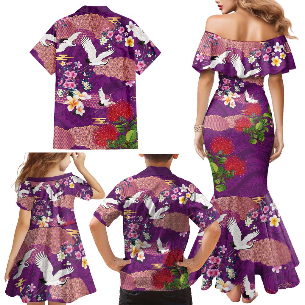 Hawaiian and Japanese Culture Together Family Matching Mermaid Dress and Hawaiian Shirt Purple Ohia Lehua Plumeria and Sakura Blooming - Polynesian Pride