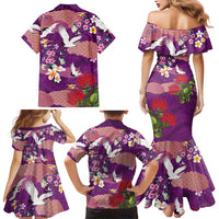Hawaiian and Japanese Culture Together Family Matching Mermaid Dress and Hawaiian Shirt Purple Ohia Lehua Plumeria and Sakura Blooming - Polynesian Pride