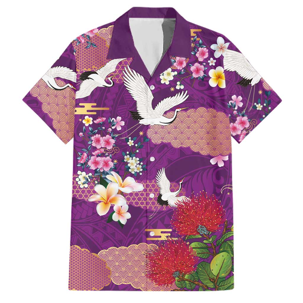 Hawaiian and Japanese Culture Together Family Matching Mermaid Dress and Hawaiian Shirt Purple Ohia Lehua Plumeria and Sakura Blooming - Polynesian Pride