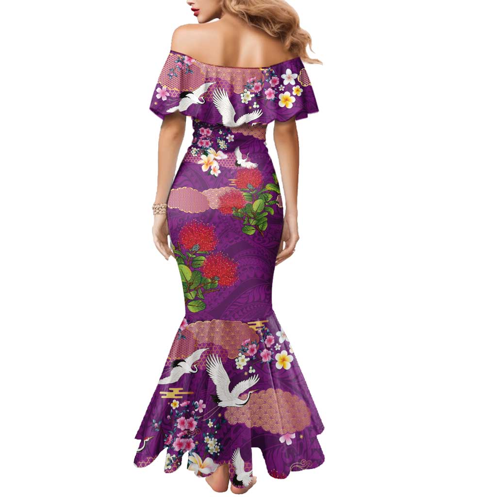 Hawaiian and Japanese Culture Together Family Matching Mermaid Dress and Hawaiian Shirt Purple Ohia Lehua Plumeria and Sakura Blooming - Polynesian Pride