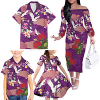 Hawaiian and Japanese Culture Together Family Matching Off The Shoulder Long Sleeve Dress and Hawaiian Shirt Purple Ohia Lehua Plumeria and Sakura Blooming - Polynesian Pride