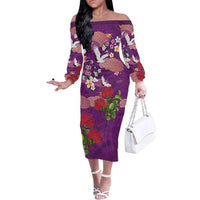Hawaiian and Japanese Culture Together Family Matching Off The Shoulder Long Sleeve Dress and Hawaiian Shirt Purple Ohia Lehua Plumeria and Sakura Blooming - Polynesian Pride