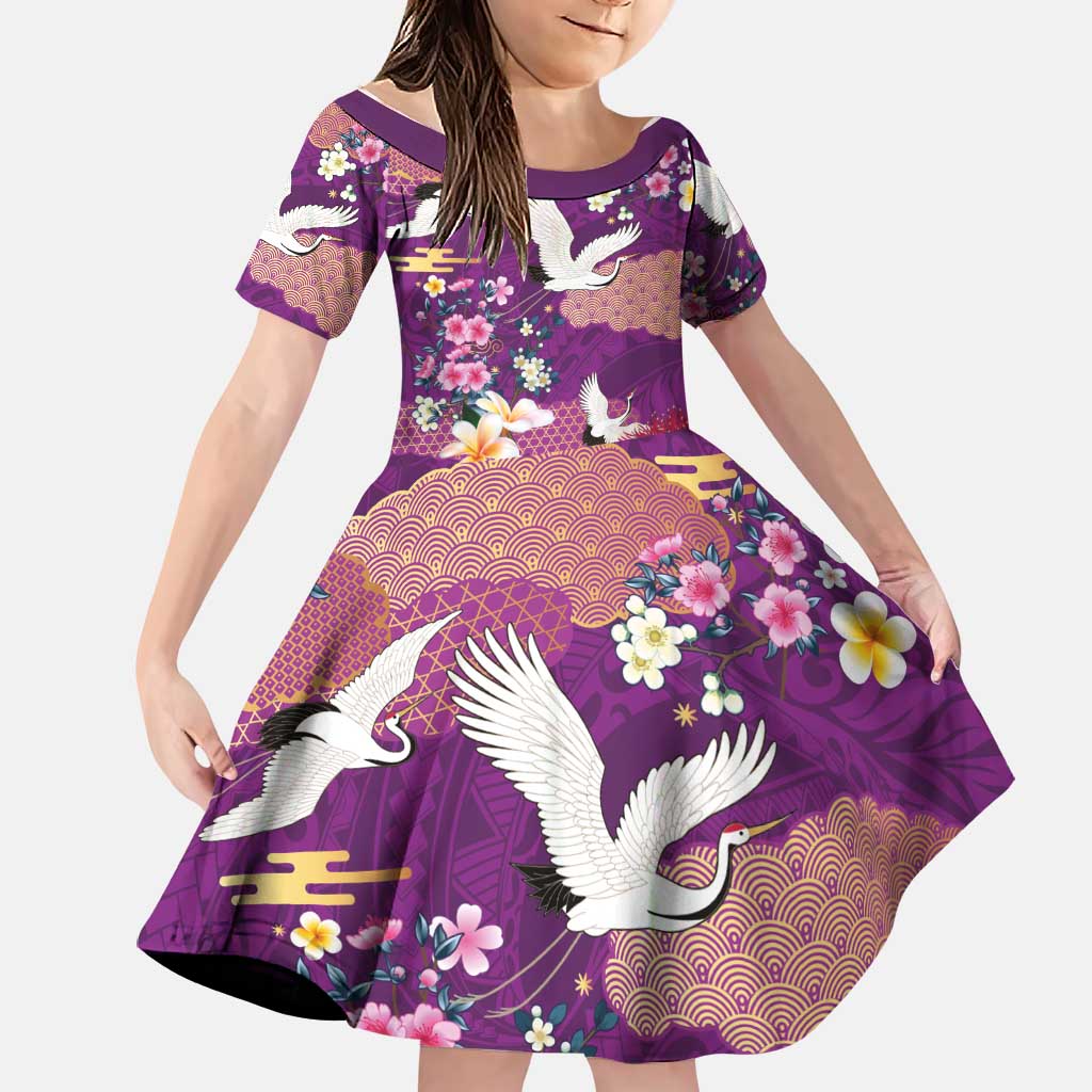 Hawaiian and Japanese Culture Together Family Matching Off Shoulder Short Dress and Hawaiian Shirt Purple Ohia Lehua Plumeria and Sakura Blooming - Polynesian Pride