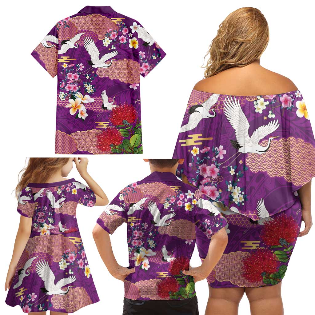 Hawaiian and Japanese Culture Together Family Matching Off Shoulder Short Dress and Hawaiian Shirt Purple Ohia Lehua Plumeria and Sakura Blooming - Polynesian Pride