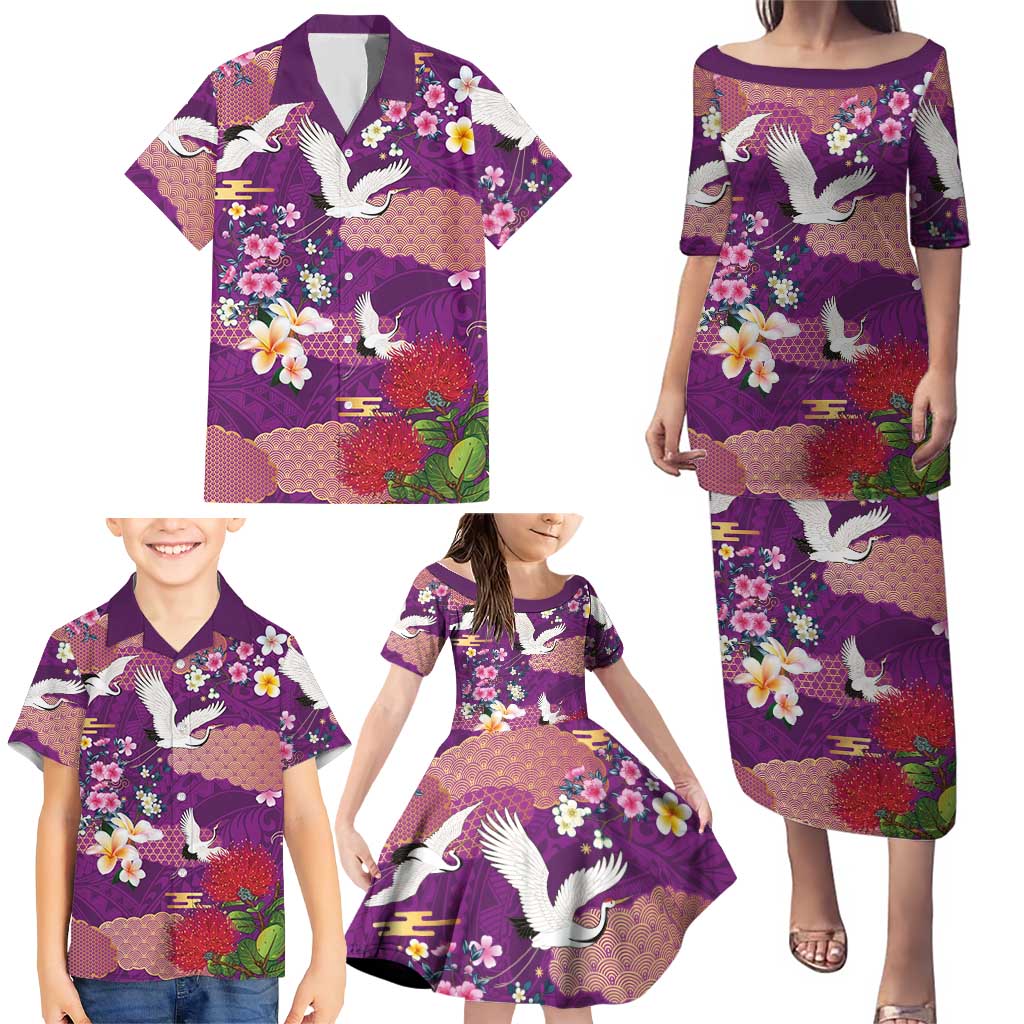 Hawaiian and Japanese Culture Together Family Matching Puletasi and Hawaiian Shirt Purple Ohia Lehua Plumeria and Sakura Blooming - Polynesian Pride
