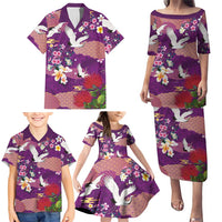 Hawaiian and Japanese Culture Together Family Matching Puletasi and Hawaiian Shirt Purple Ohia Lehua Plumeria and Sakura Blooming - Polynesian Pride