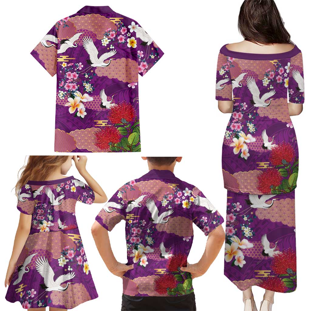 Hawaiian and Japanese Culture Together Family Matching Puletasi and Hawaiian Shirt Purple Ohia Lehua Plumeria and Sakura Blooming - Polynesian Pride