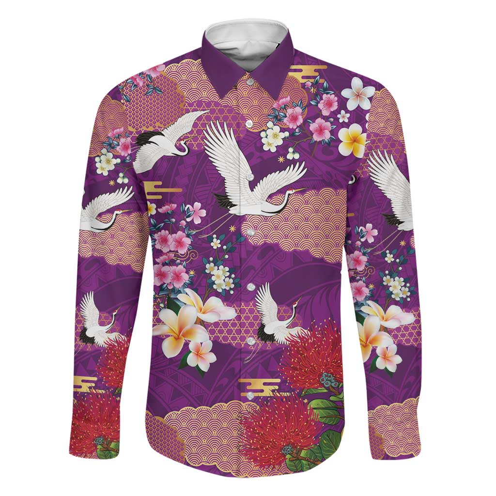 Hawaiian and Japanese Culture Together Family Matching Puletasi and Hawaiian Shirt Purple Ohia Lehua Plumeria and Sakura Blooming - Polynesian Pride