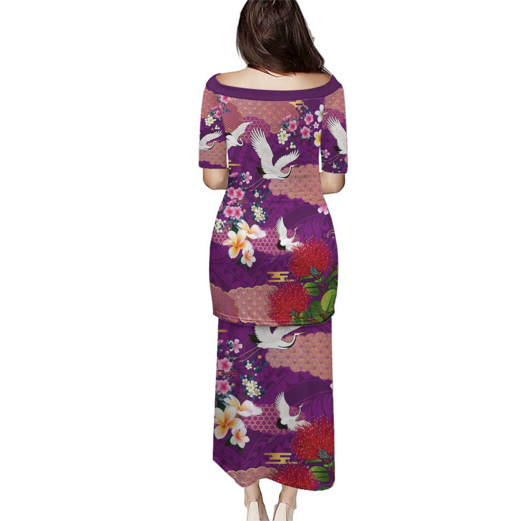 Hawaiian and Japanese Culture Together Family Matching Puletasi and Hawaiian Shirt Purple Ohia Lehua Plumeria and Sakura Blooming - Polynesian Pride