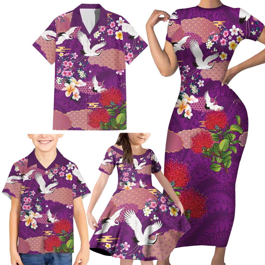 Hawaiian and Japanese Culture Together Family Matching Short Sleeve Bodycon Dress and Hawaiian Shirt Purple Ohia Lehua Plumeria and Sakura Blooming - Polynesian Pride
