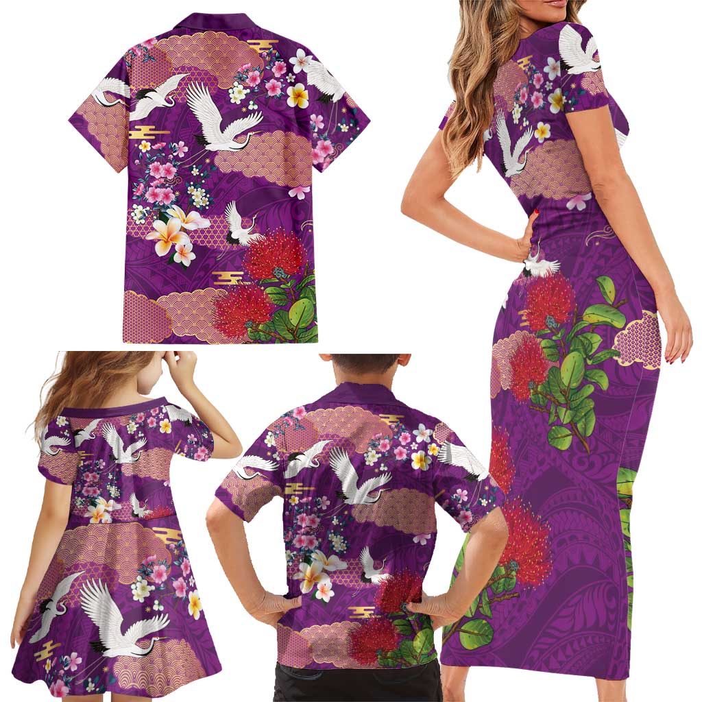 Hawaiian and Japanese Culture Together Family Matching Short Sleeve Bodycon Dress and Hawaiian Shirt Purple Ohia Lehua Plumeria and Sakura Blooming - Polynesian Pride