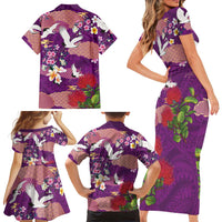 Hawaiian and Japanese Culture Together Family Matching Short Sleeve Bodycon Dress and Hawaiian Shirt Purple Ohia Lehua Plumeria and Sakura Blooming - Polynesian Pride