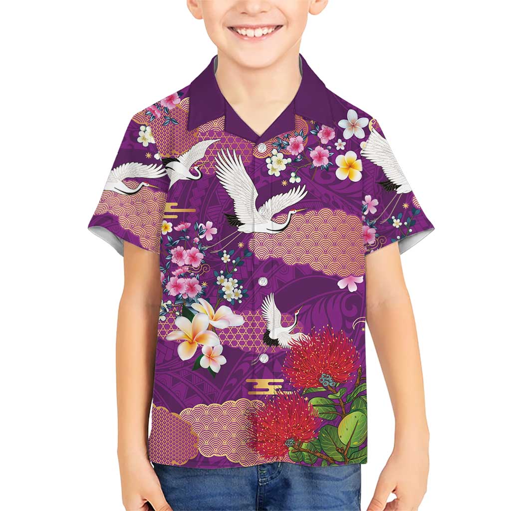 Hawaiian and Japanese Culture Together Family Matching Short Sleeve Bodycon Dress and Hawaiian Shirt Purple Ohia Lehua Plumeria and Sakura Blooming - Polynesian Pride