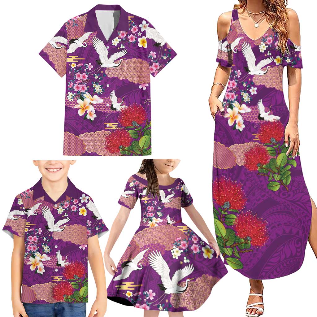 Hawaiian and Japanese Culture Together Family Matching Summer Maxi Dress and Hawaiian Shirt Purple Ohia Lehua Plumeria and Sakura Blooming - Polynesian Pride