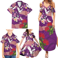 Hawaiian and Japanese Culture Together Family Matching Summer Maxi Dress and Hawaiian Shirt Purple Ohia Lehua Plumeria and Sakura Blooming - Polynesian Pride