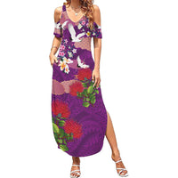 Hawaiian and Japanese Culture Together Family Matching Summer Maxi Dress and Hawaiian Shirt Purple Ohia Lehua Plumeria and Sakura Blooming - Polynesian Pride