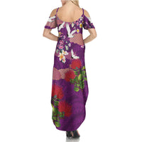 Hawaiian and Japanese Culture Together Family Matching Summer Maxi Dress and Hawaiian Shirt Purple Ohia Lehua Plumeria and Sakura Blooming - Polynesian Pride
