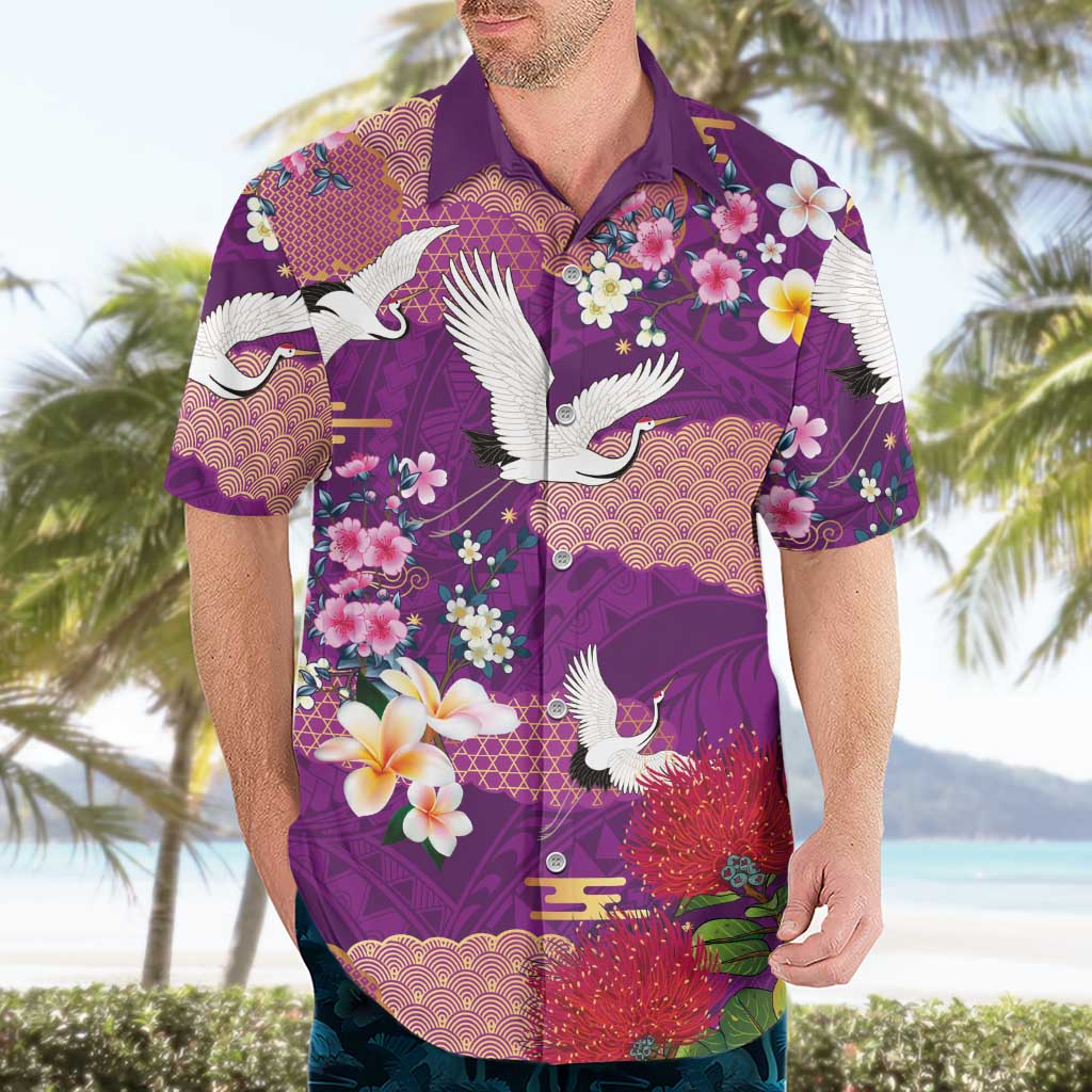 Hawaiian and Japanese Culture Together Hawaiian Shirt Purple Ohia Lehua Plumeria and Sakura Blooming LT03 - Polynesian Pride