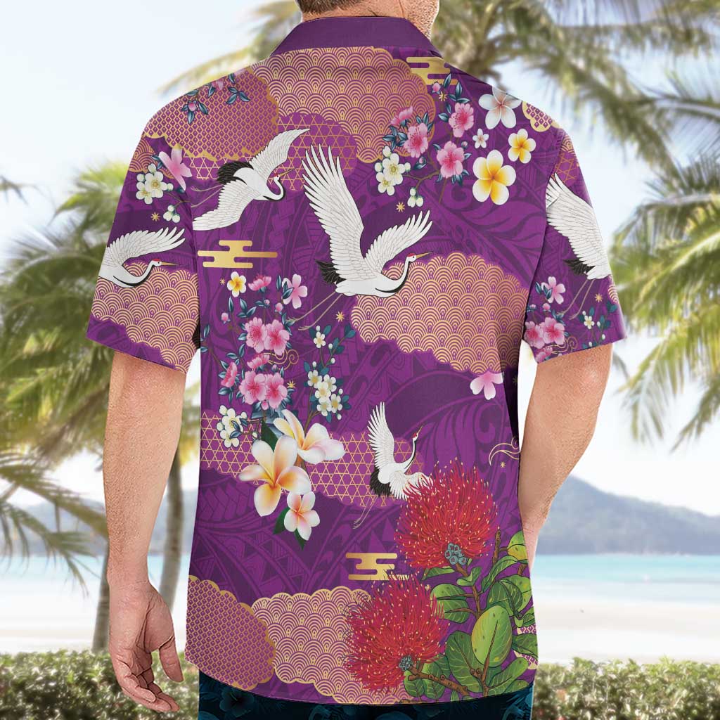 Hawaiian and Japanese Culture Together Hawaiian Shirt Purple Ohia Lehua Plumeria and Sakura Blooming LT03 - Polynesian Pride