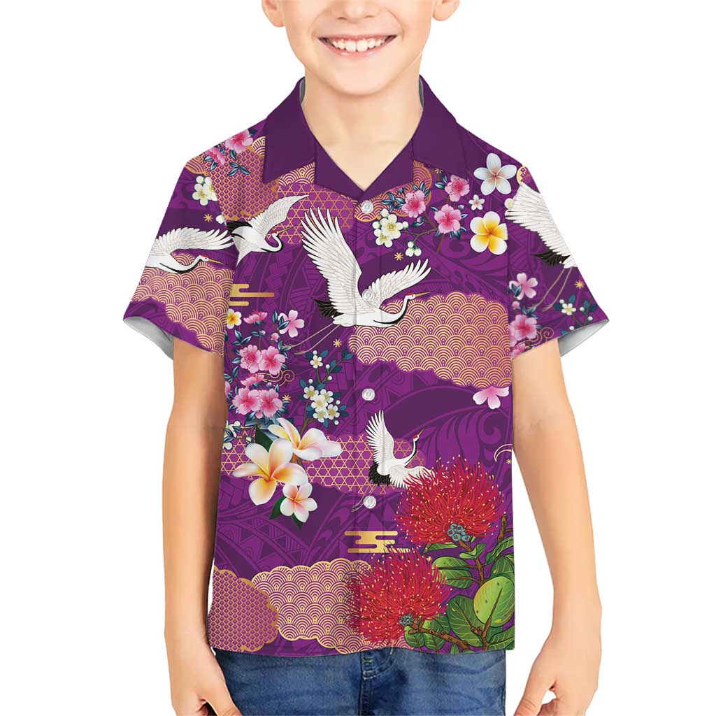 Hawaiian and Japanese Culture Together Hawaiian Shirt Purple Ohia Lehua Plumeria and Sakura Blooming LT03 - Polynesian Pride