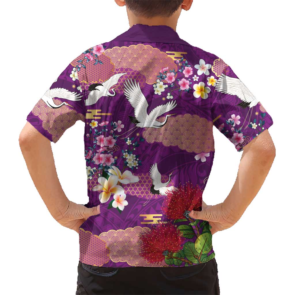 Hawaiian and Japanese Culture Together Hawaiian Shirt Purple Ohia Lehua Plumeria and Sakura Blooming LT03 - Polynesian Pride