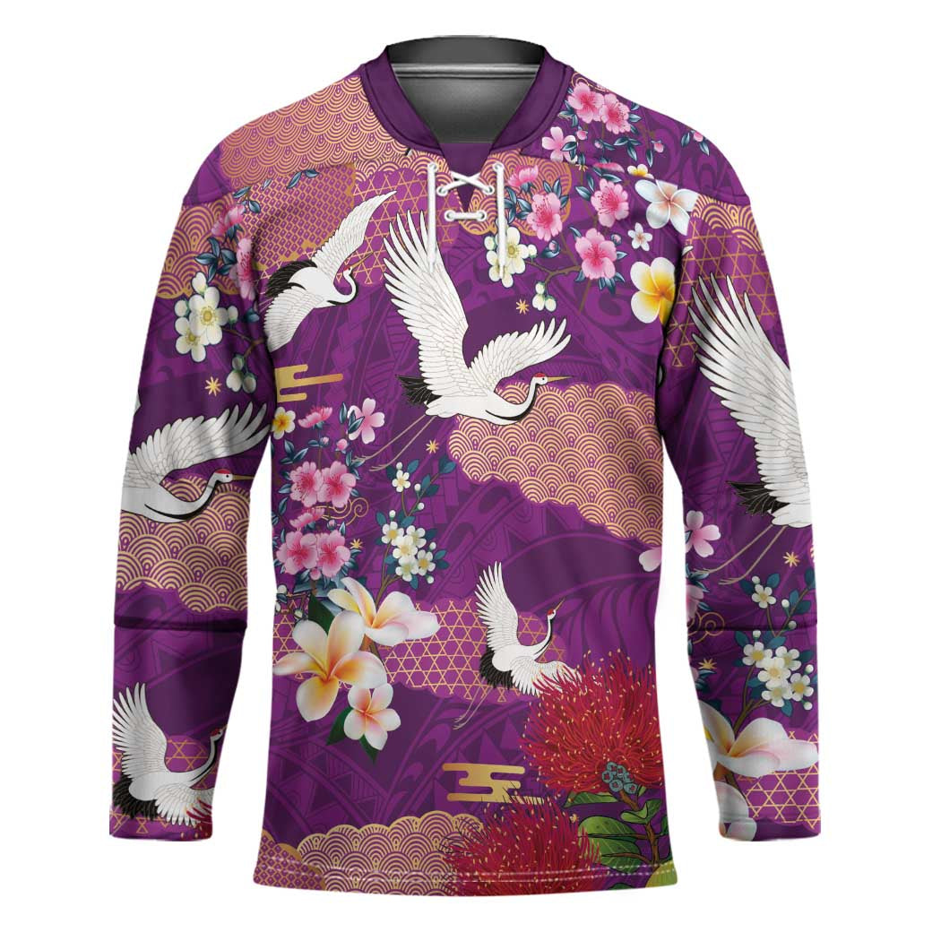 Hawaiian and Japanese Culture Together Hockey Jersey Purple Ohia Lehua Plumeria and Sakura Blooming - Polynesian Pride