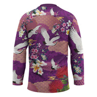 Hawaiian and Japanese Culture Together Hockey Jersey Purple Ohia Lehua Plumeria and Sakura Blooming - Polynesian Pride