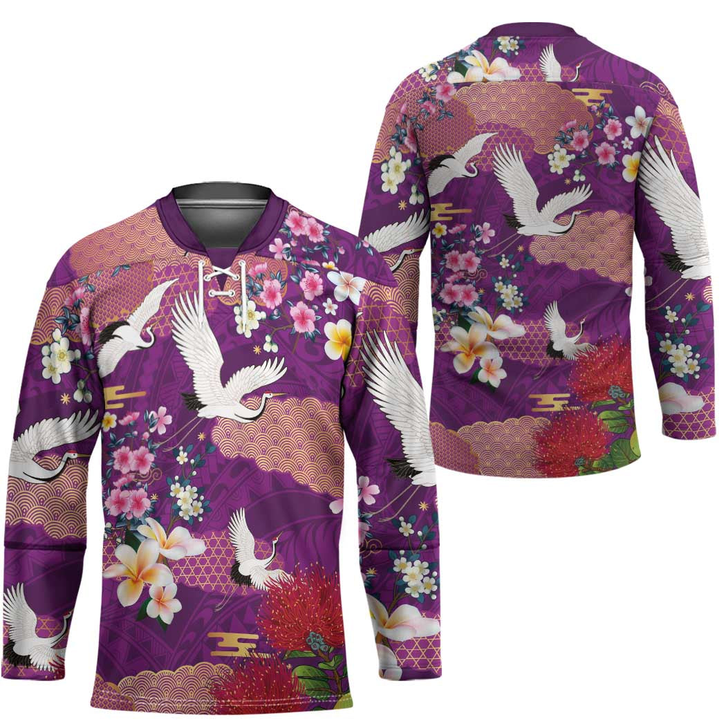 Hawaiian and Japanese Culture Together Hockey Jersey Purple Ohia Lehua Plumeria and Sakura Blooming - Polynesian Pride
