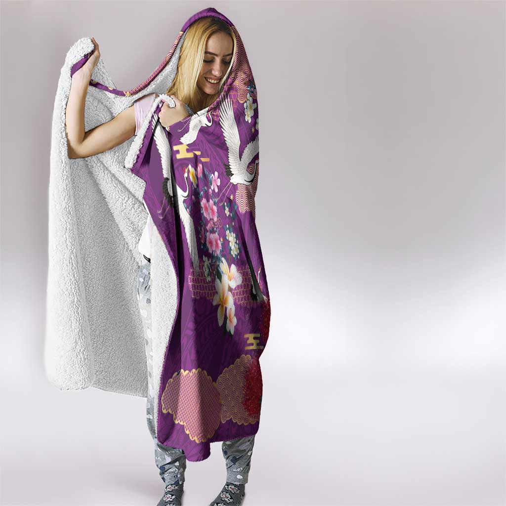 Hawaiian and Japanese Culture Together Hooded Blanket Purple Ohia Lehua Plumeria and Sakura Blooming - Polynesian Pride