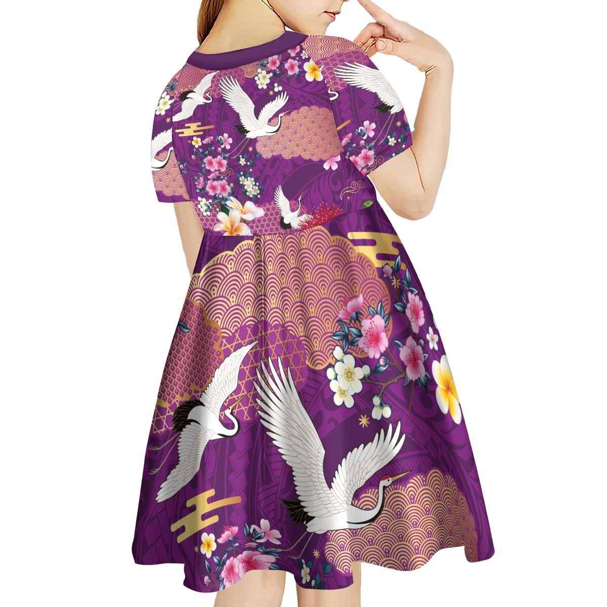 Hawaiian and Japanese Culture Together Kid Short Sleeve Dress Purple Ohia Lehua Plumeria and Sakura Blooming - Polynesian Pride