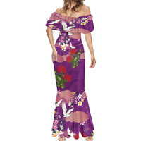 Hawaiian and Japanese Culture Together Mermaid Dress Purple Ohia Lehua Plumeria and Sakura Blooming - Polynesian Pride