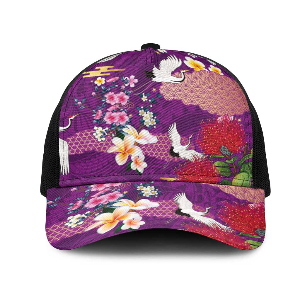 Hawaiian and Japanese Culture Together Mesh Trucker Cap Purple Ohia Lehua Plumeria and Sakura Blooming - Polynesian Pride