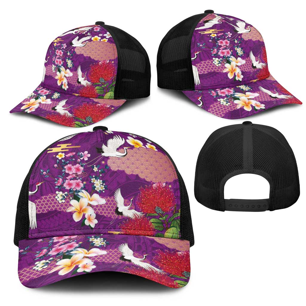 Hawaiian and Japanese Culture Together Mesh Trucker Cap Purple Ohia Lehua Plumeria and Sakura Blooming - Polynesian Pride